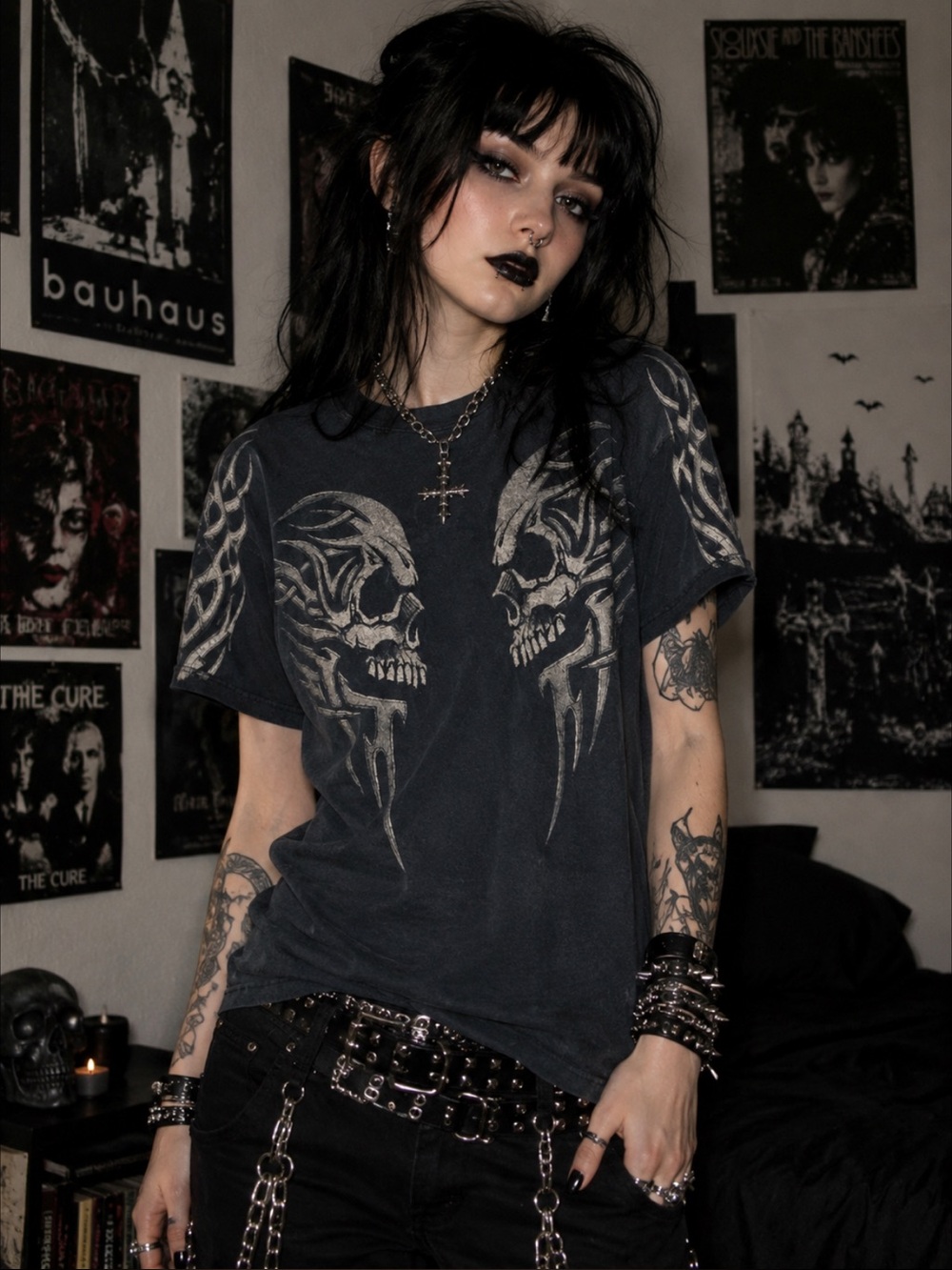 Y2K Tribal Skull Graphic T-Shirt Black 3XL Goth Biker Grunge Oversized Tee